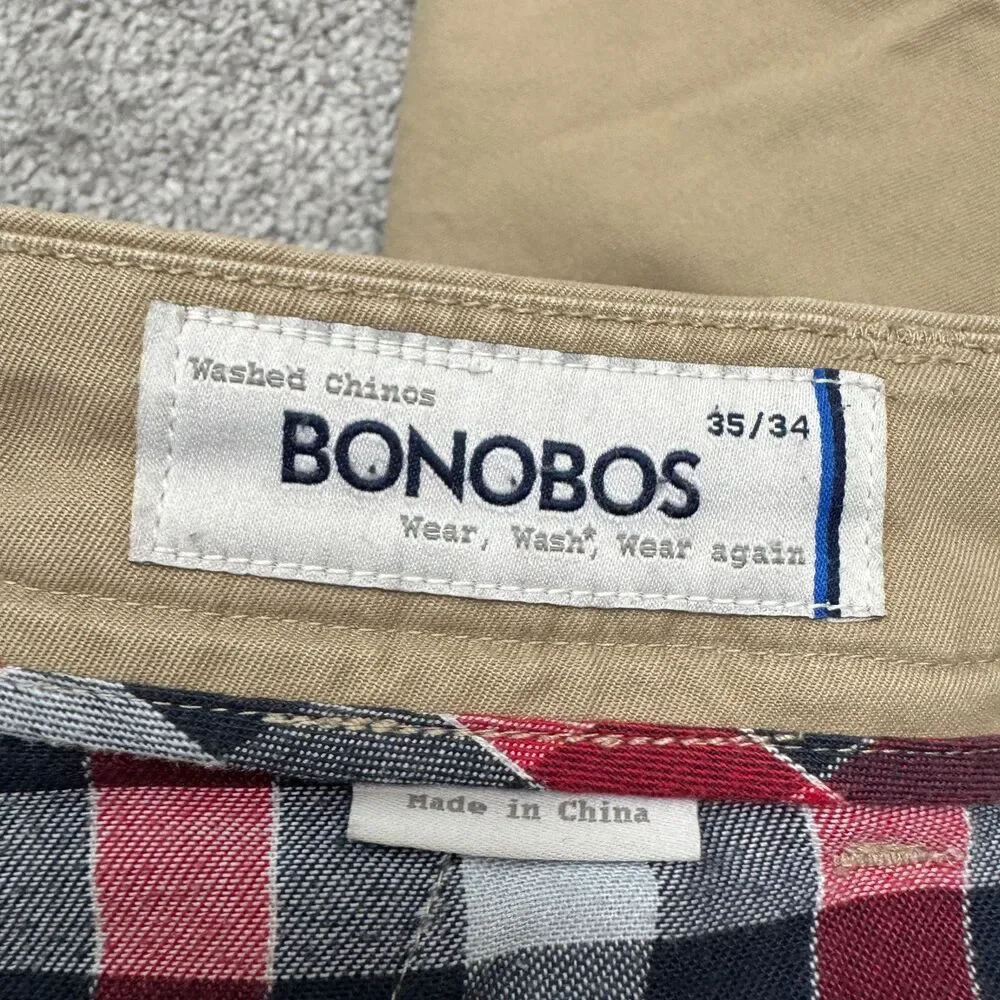 Bonobos Straight Leg Cotton Chino Pants Mens 35x34 Brown Khaki Flat Front Casual